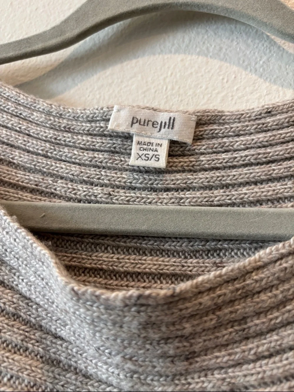 Pure Jill Linen Wool Blend Poncho Heather Gray Ribbed Crewneck Sweater XS/S